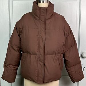 Short Puffer Coat MEROKEETY Stand-Up Collar Baggy Zip Pockets Coffee Brown Sz XS